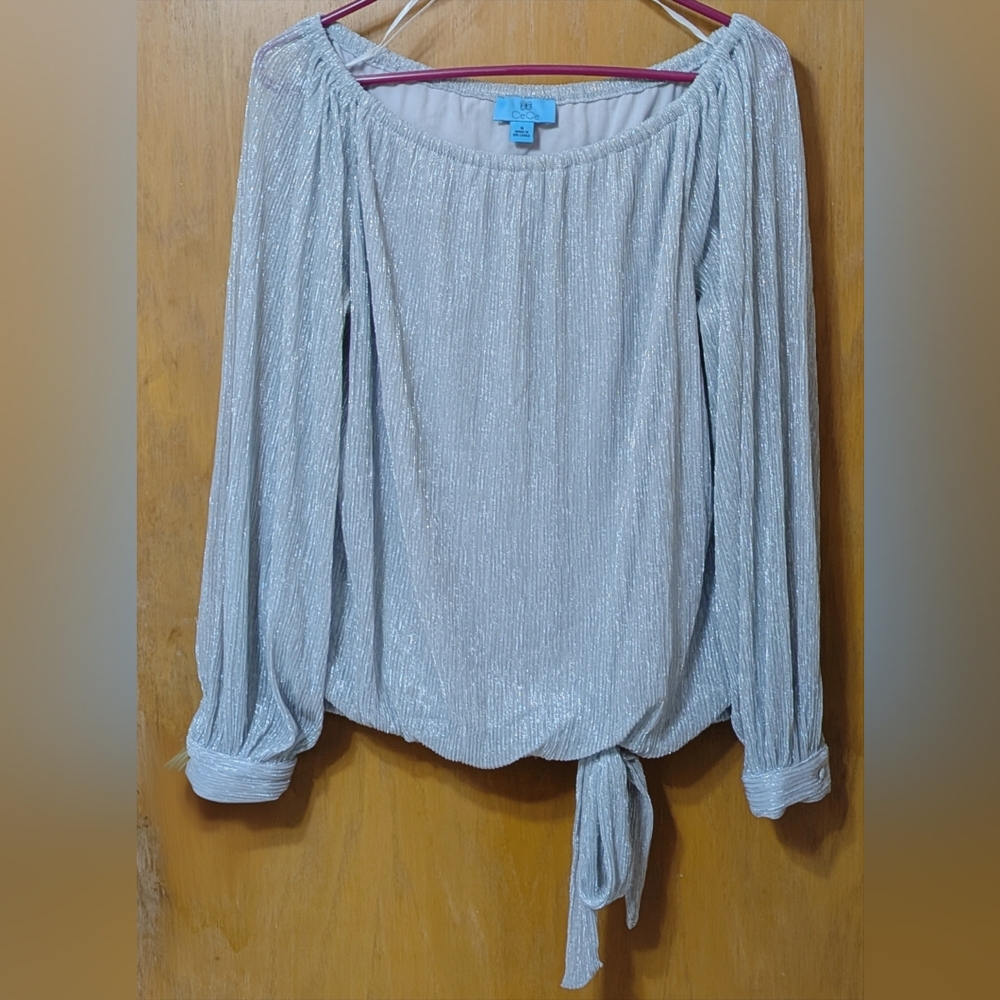 CeCe Silver Metallic Women's Blouse Top, Sheer Long Sleeves, Tie Waist Size M